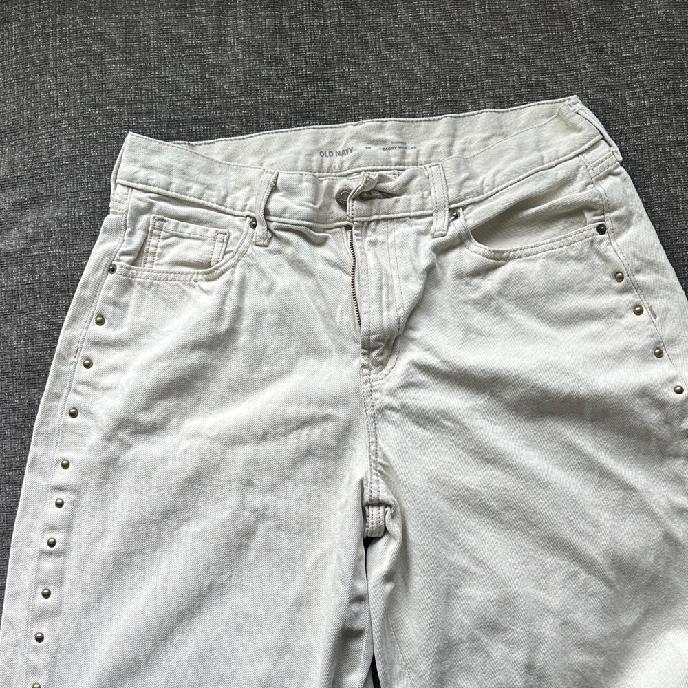 Cream Denim Wide Leg Jeans with Stud Detail